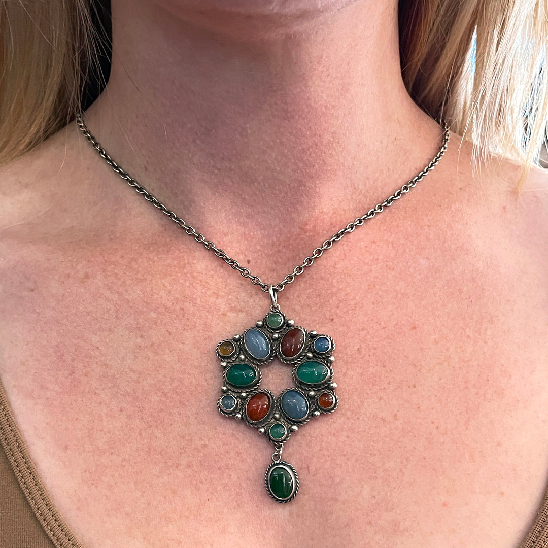 Antiques Silver Multicolor Agate Drop Pendant