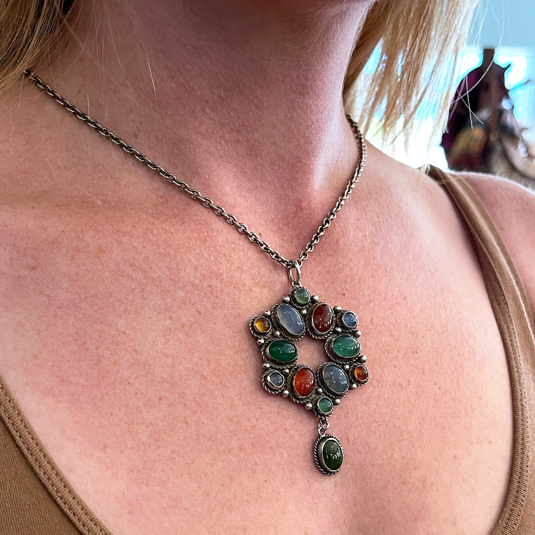 Antiques Silver Multicolor Agate Drop Pendant