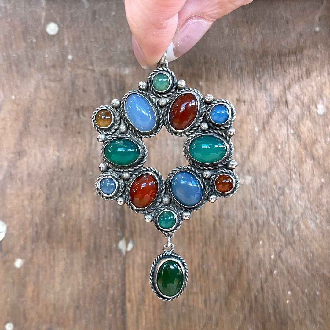 Antiques Silver Multicolor Agate Drop Pendant