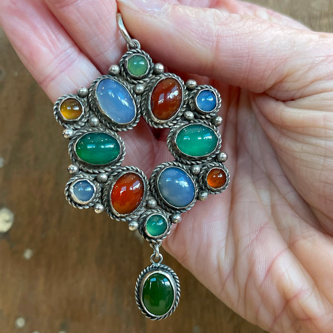 Antiques Silver Multicolor Agate Drop Pendant