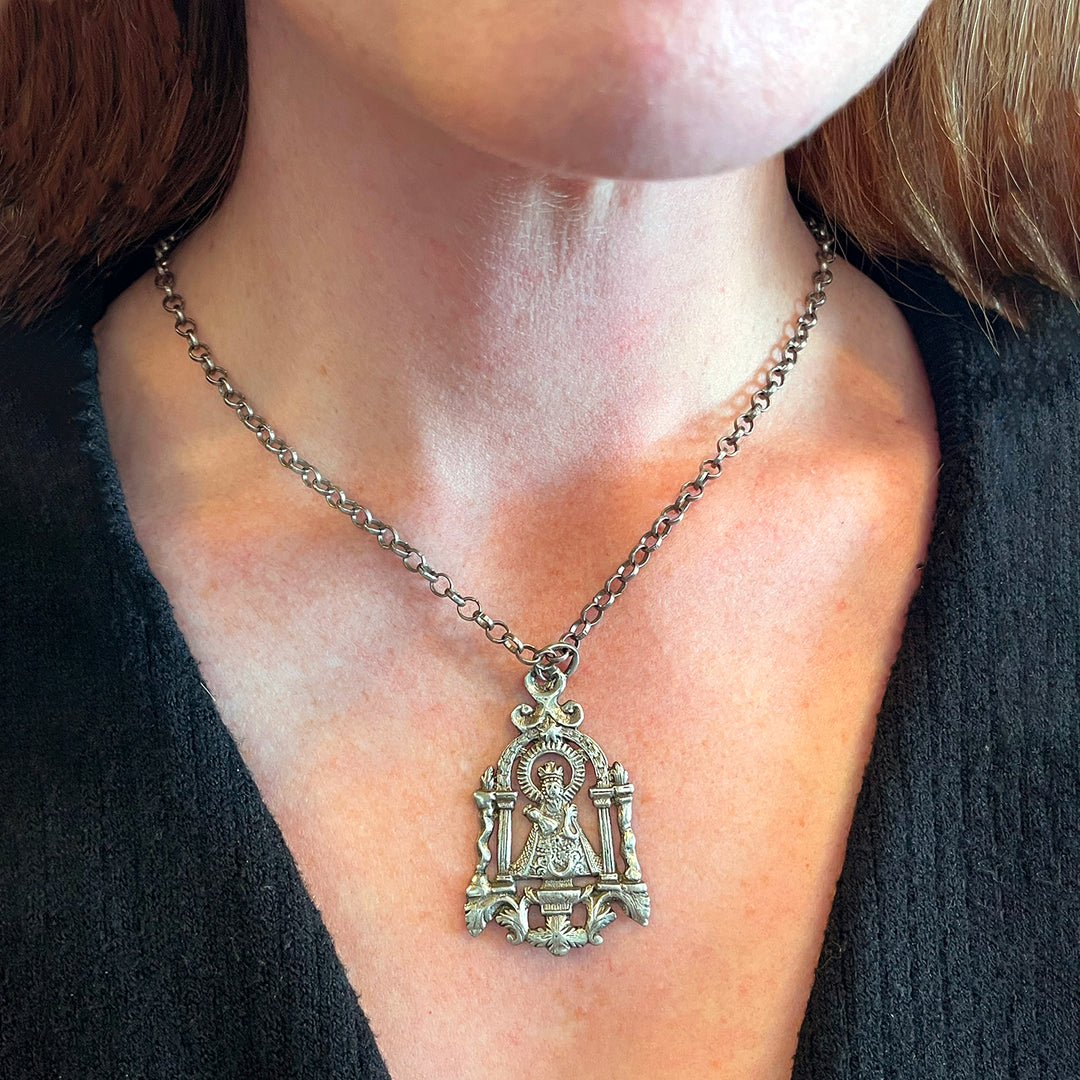 Silver Engraved Pierced Pendant of Virgen del Sagrario, Patron Saint of Toledo