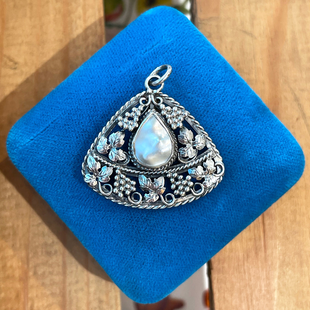 Antique Silver Mother of Pearl Pendant Grapes & Vines Motif