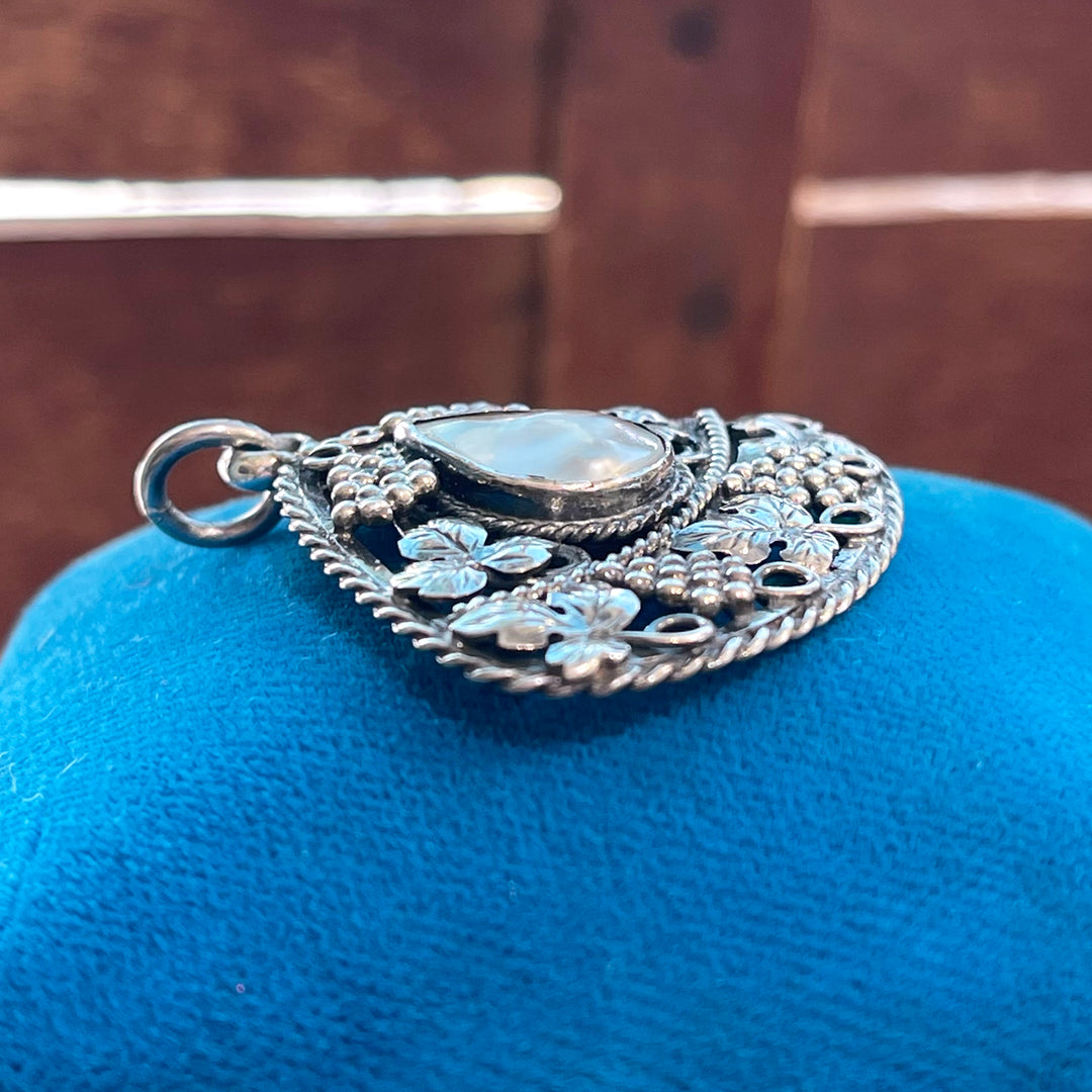 Antique Silver Mother of Pearl Pendant Grapes & Vines Motif