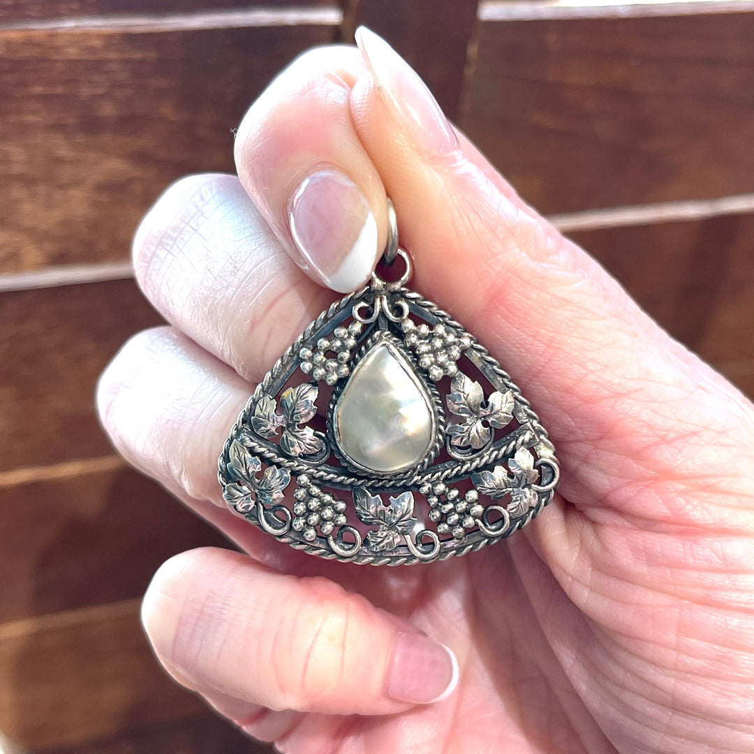 Antique Silver Mother of Pearl Pendant Grapes & Vines Motif