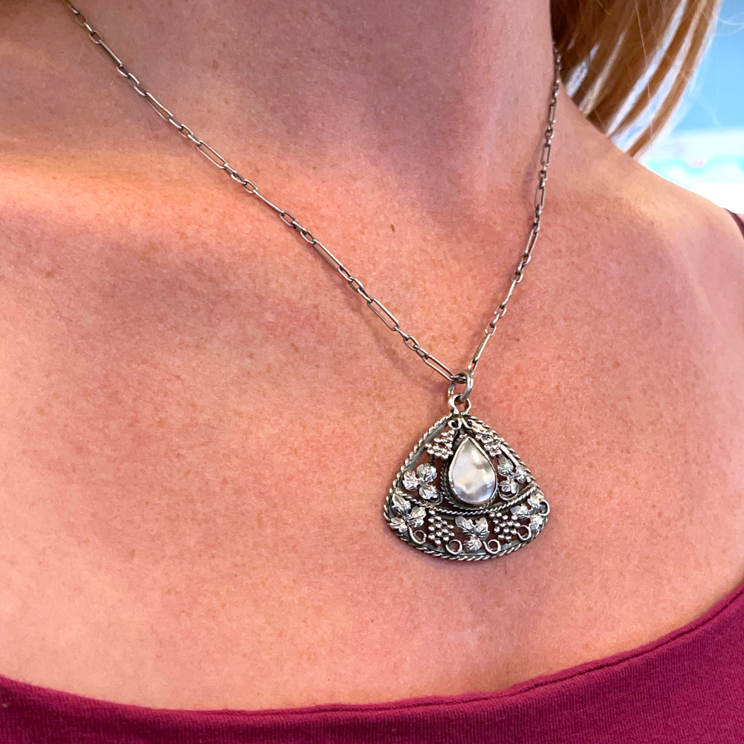 Antique Silver Mother of Pearl Pendant Grapes & Vines Motif