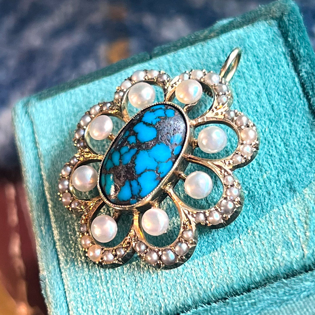 Antique Turquoise Pearls Pendant 15k Gold Floral-Shaped