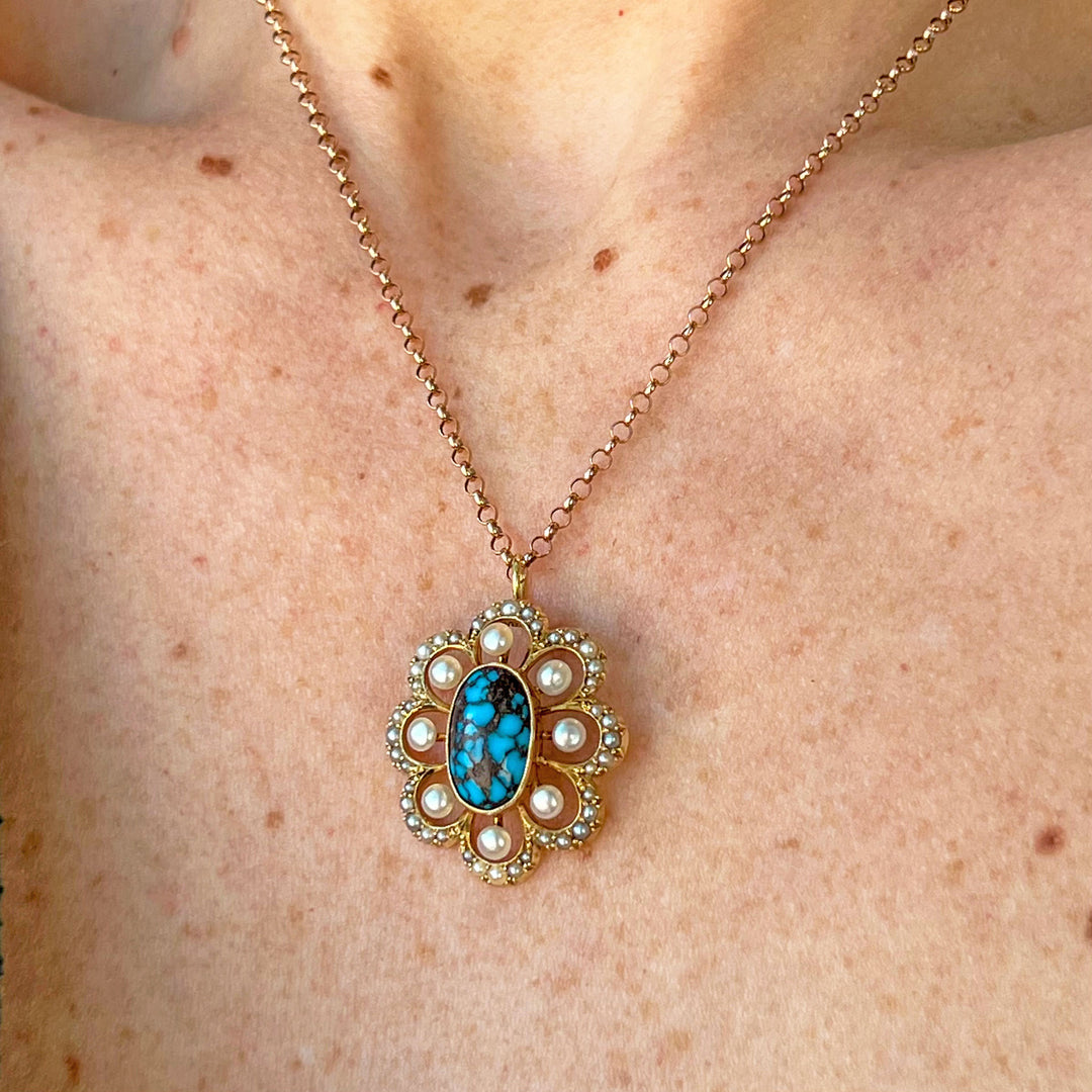 Antique Turquoise Pearls Pendant 15k Gold Floral-Shaped