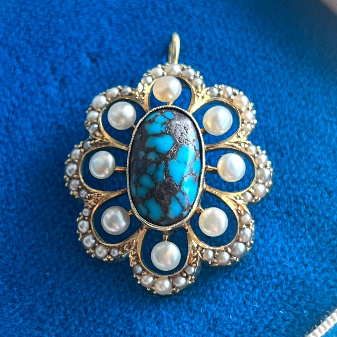 Antique Turquoise Pearls Pendant 15k Gold Floral-Shaped