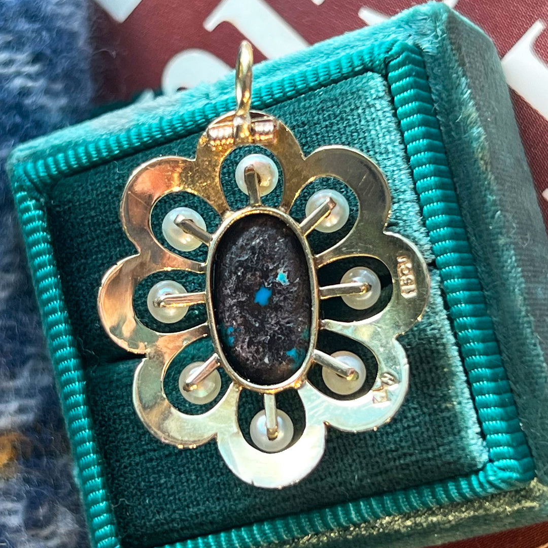 Antique Turquoise Pearls Pendant 15k Gold Floral-Shaped