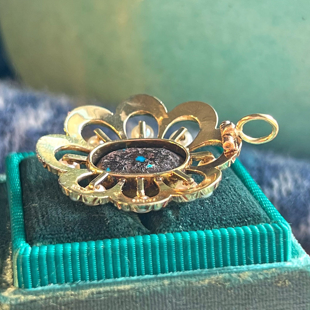 Antique Turquoise Pearls Pendant 15k Gold Floral-Shaped