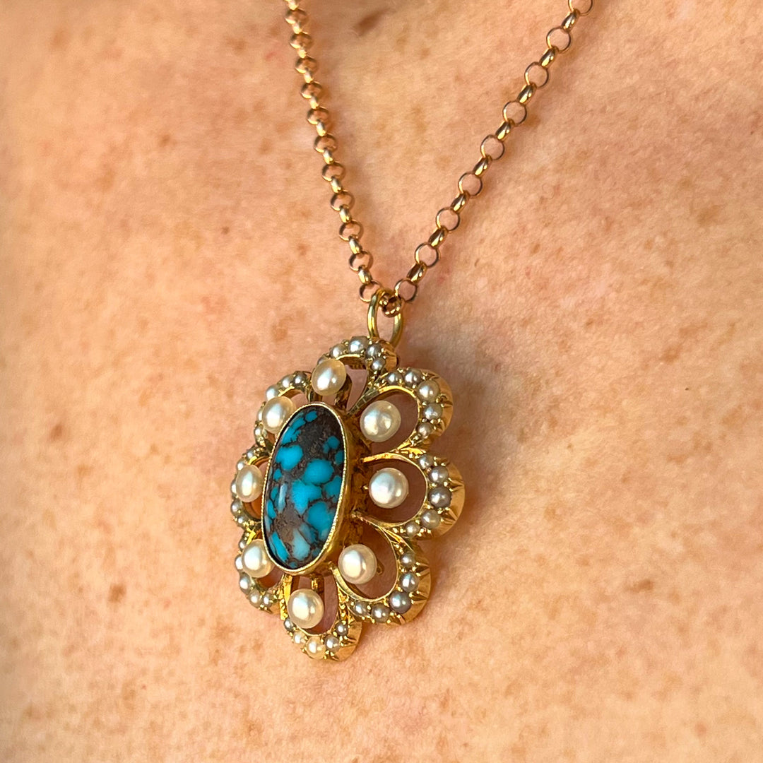 Antique Turquoise Pearls Pendant 15k Gold Floral-Shaped