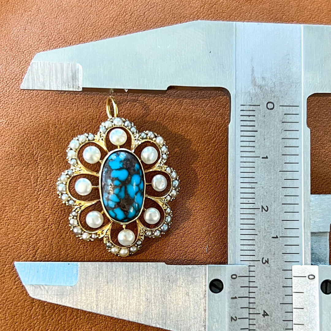Antique Turquoise Pearls Pendant 15k Gold Floral-Shaped