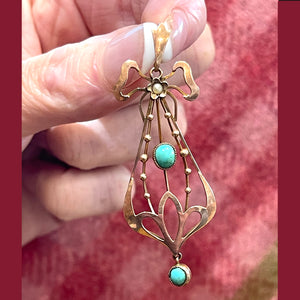 Edwardian Turquoise Pearl Drop Pendant Gold