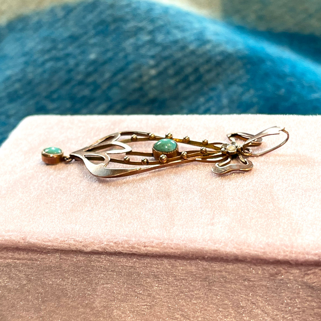 Edwardian Turquoise Pearl Drop Pendant Gold