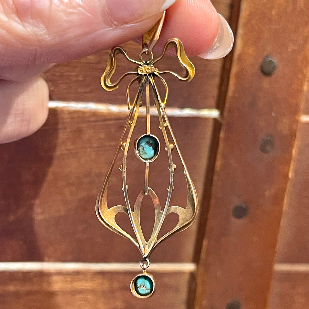 Edwardian Turquoise Pearl Drop Pendant Gold