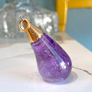 Antique Pendant Carved Amethyst Pear with 15k Gold Mounting