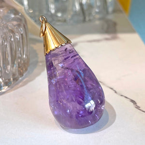 Antique Pendant Carved Amethyst Pear with 15k Gold Mounting