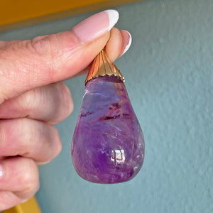 Antique Pendant Carved Amethyst Pear with 15k Gold Mounting