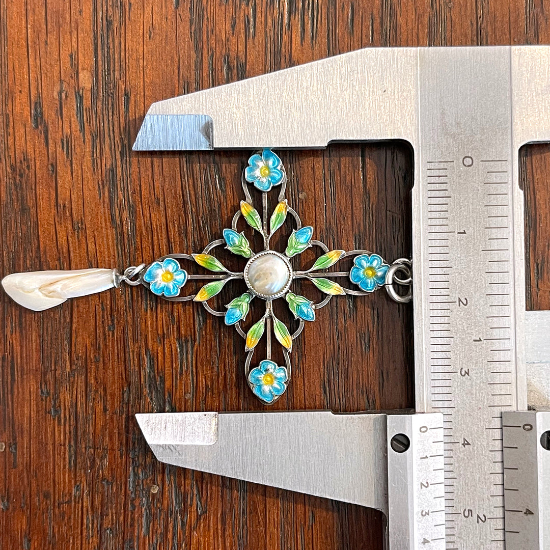 Antique English Silver Enamel Pendant with Pearl Drop, Arts & Crafts Era, Circa 1910