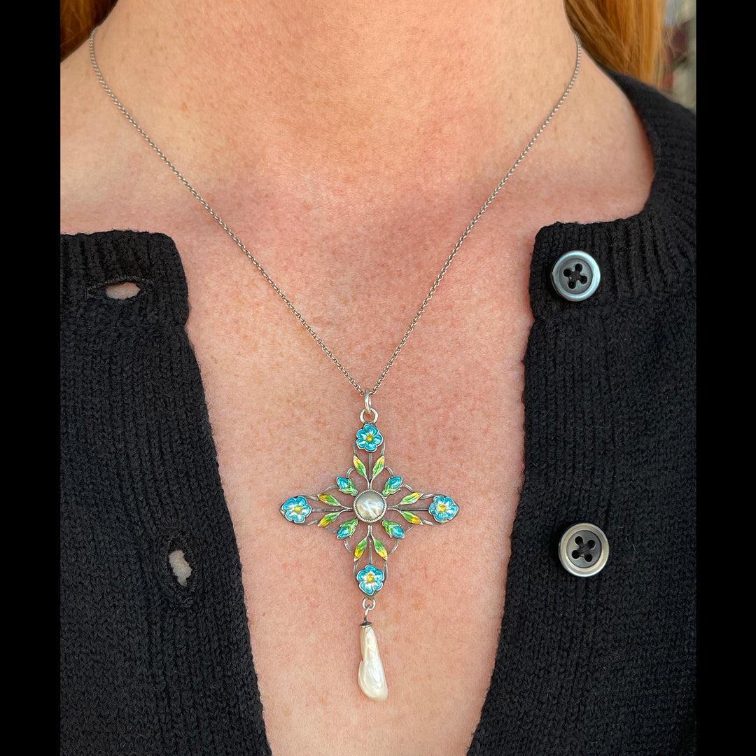 Antique English Silver Enamel Pendant with Pearl Drop, Arts & Crafts Era, Circa 1910