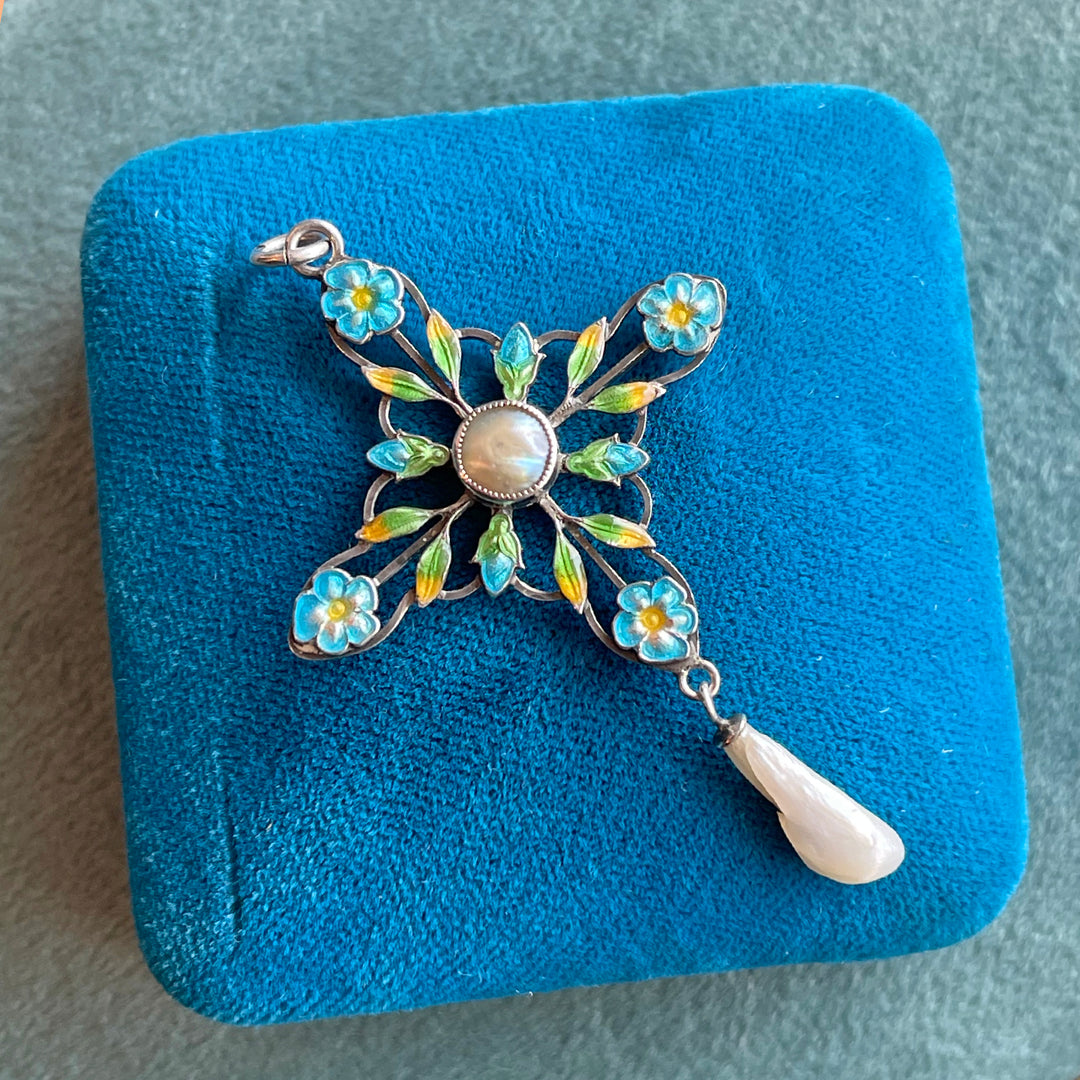 Antique English Silver Enamel Pendant with Pearl Drop, Arts & Crafts Era, Circa 1910