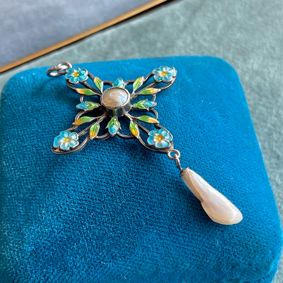 Antique English Silver Enamel Pendant with Pearl Drop, Arts & Crafts Era, Circa 1910