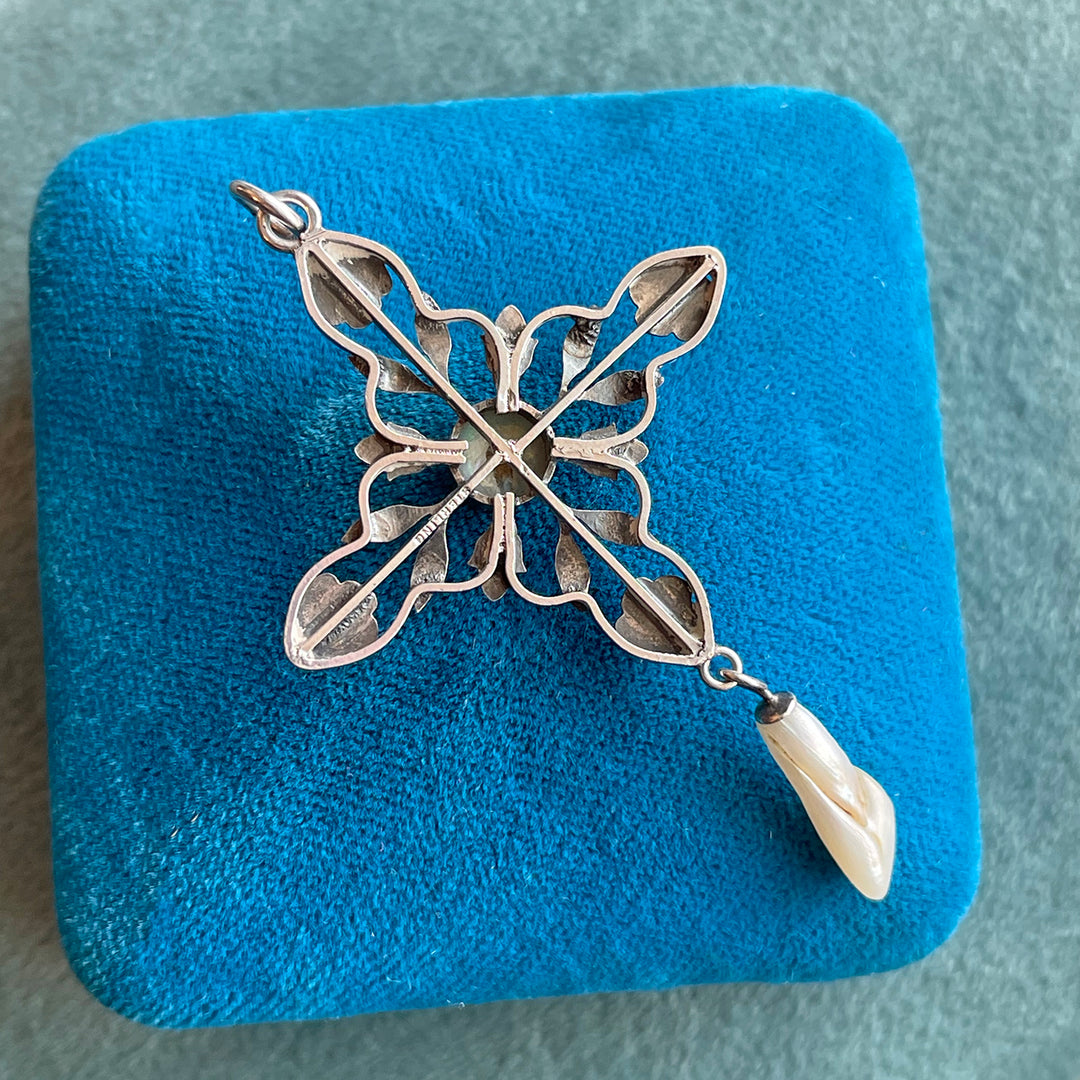 Antique English Silver Enamel Pendant with Pearl Drop, Arts & Crafts Era, Circa 1910