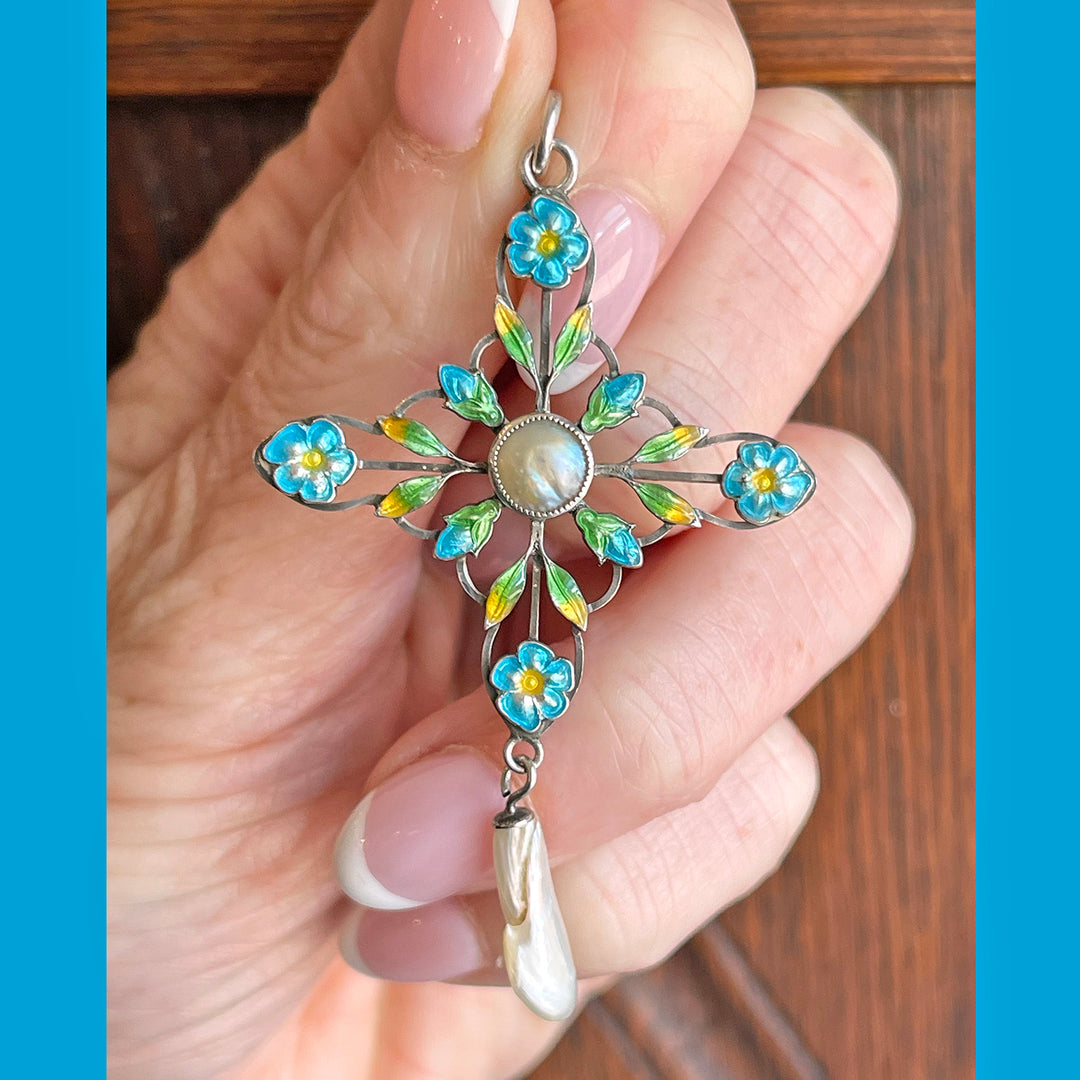 Antique English Silver Enamel Pendant with Pearl Drop, Arts & Crafts Era, Circa 1910