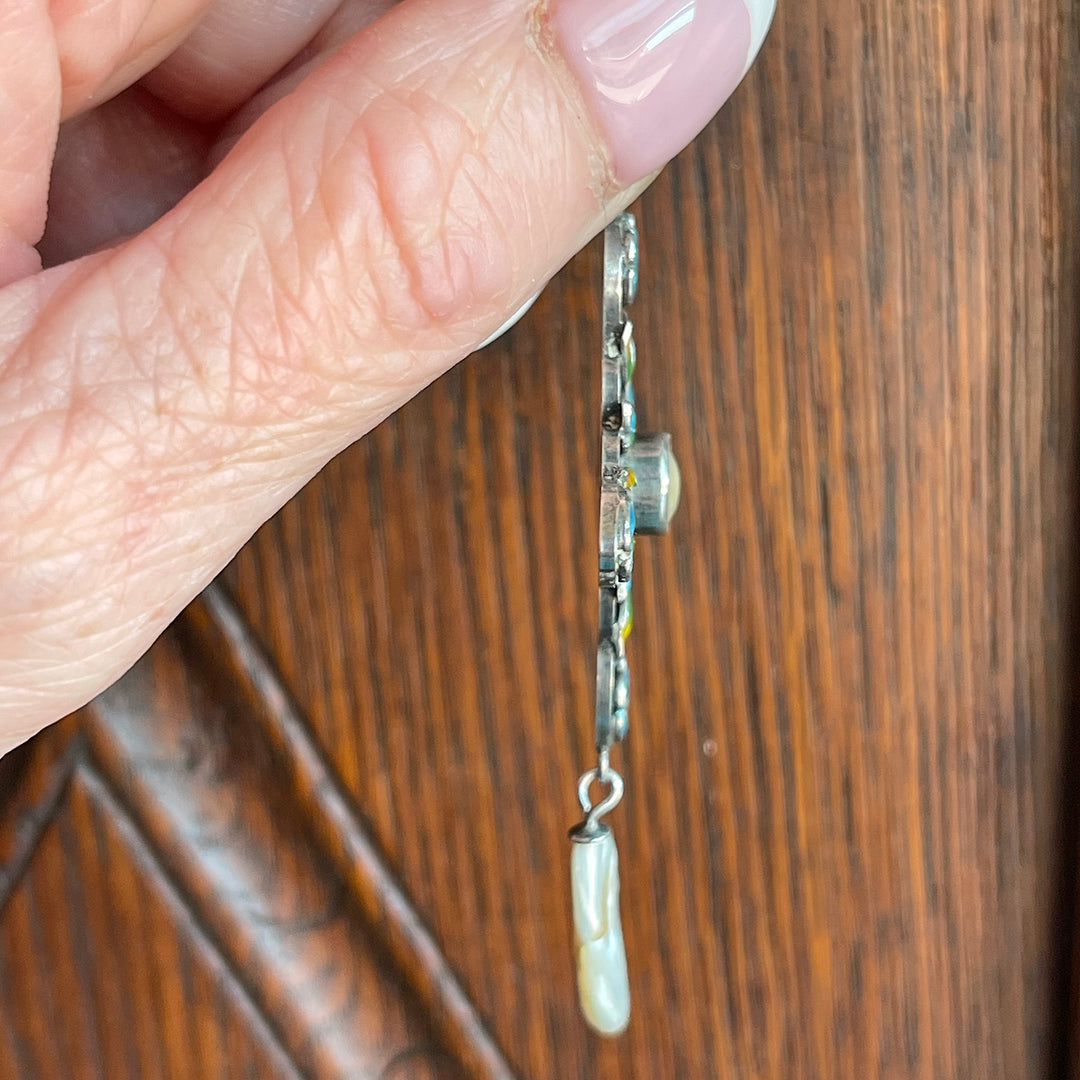 Antique English Silver Enamel Pendant with Pearl Drop, Arts & Crafts Era, Circa 1910