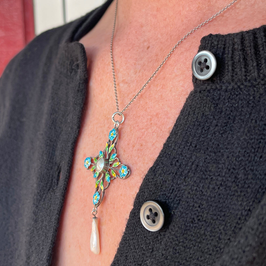 Antique English Silver Enamel Pendant with Pearl Drop, Arts & Crafts Era, Circa 1910