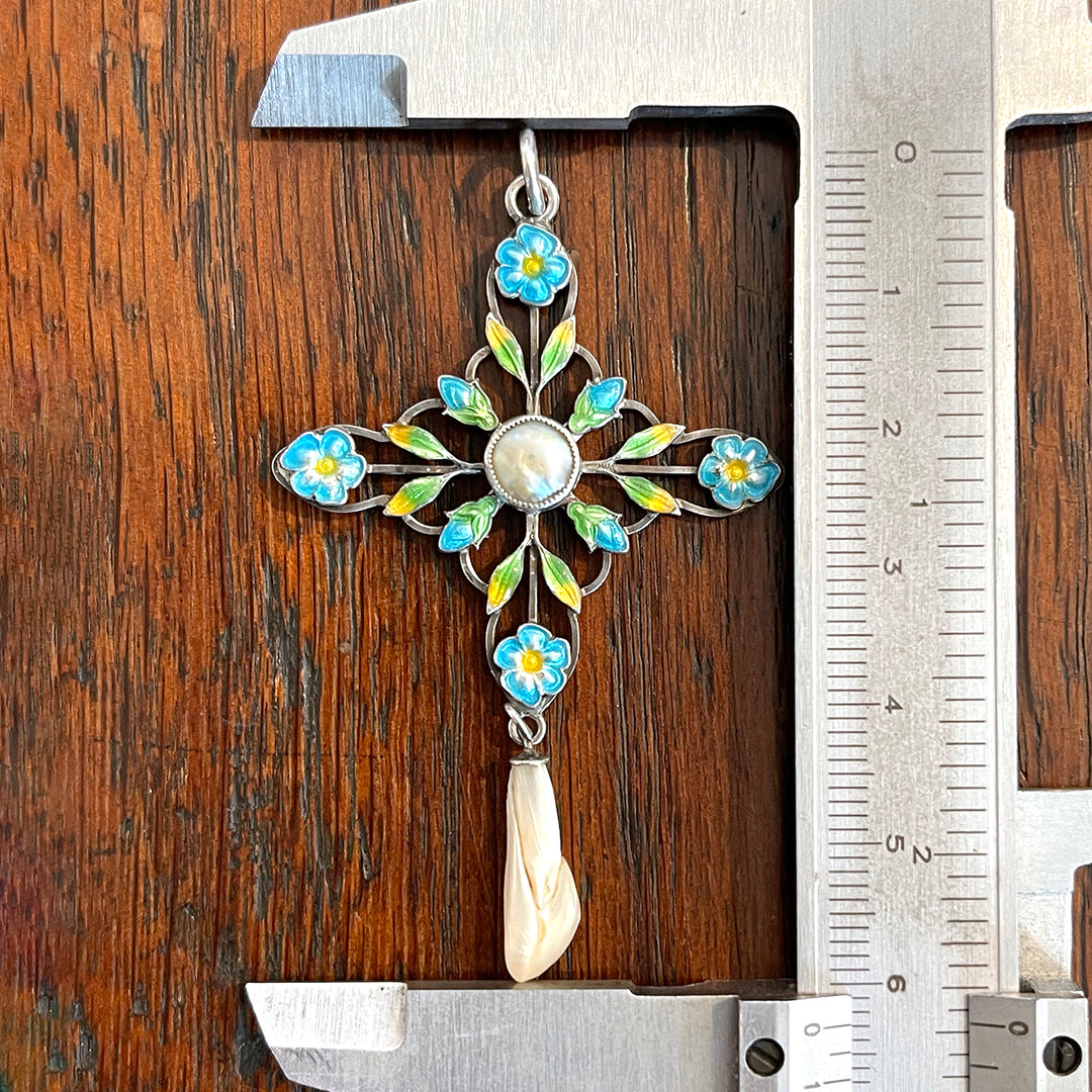 Antique English Silver Enamel Pendant with Pearl Drop, Arts & Crafts Era, Circa 1910