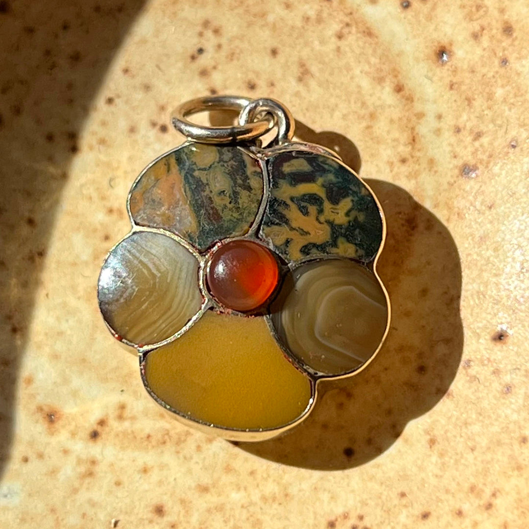 Antique Victorian Gold Pendant Agate and Carnelian Pansy Locket c.1870