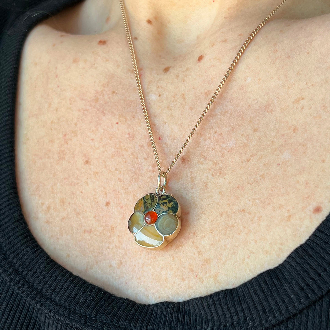 Antique Victorian Gold Pendant Agate and Carnelian Pansy Locket c.1870