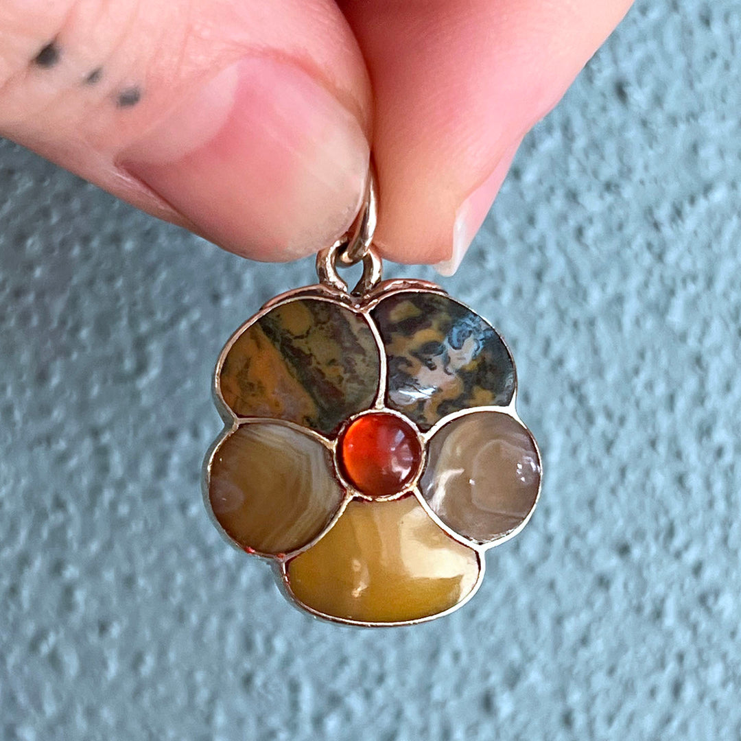 Antique Victorian Gold Pendant Agate and Carnelian Pansy Locket c.1870