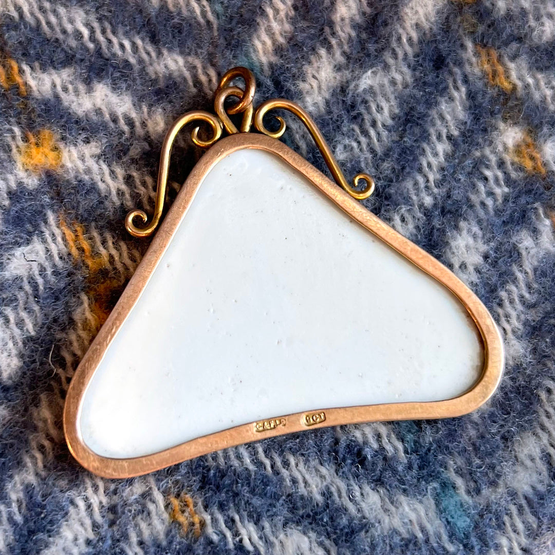 Antique Blue Ceramic Carved Pendant 9 karat Gold