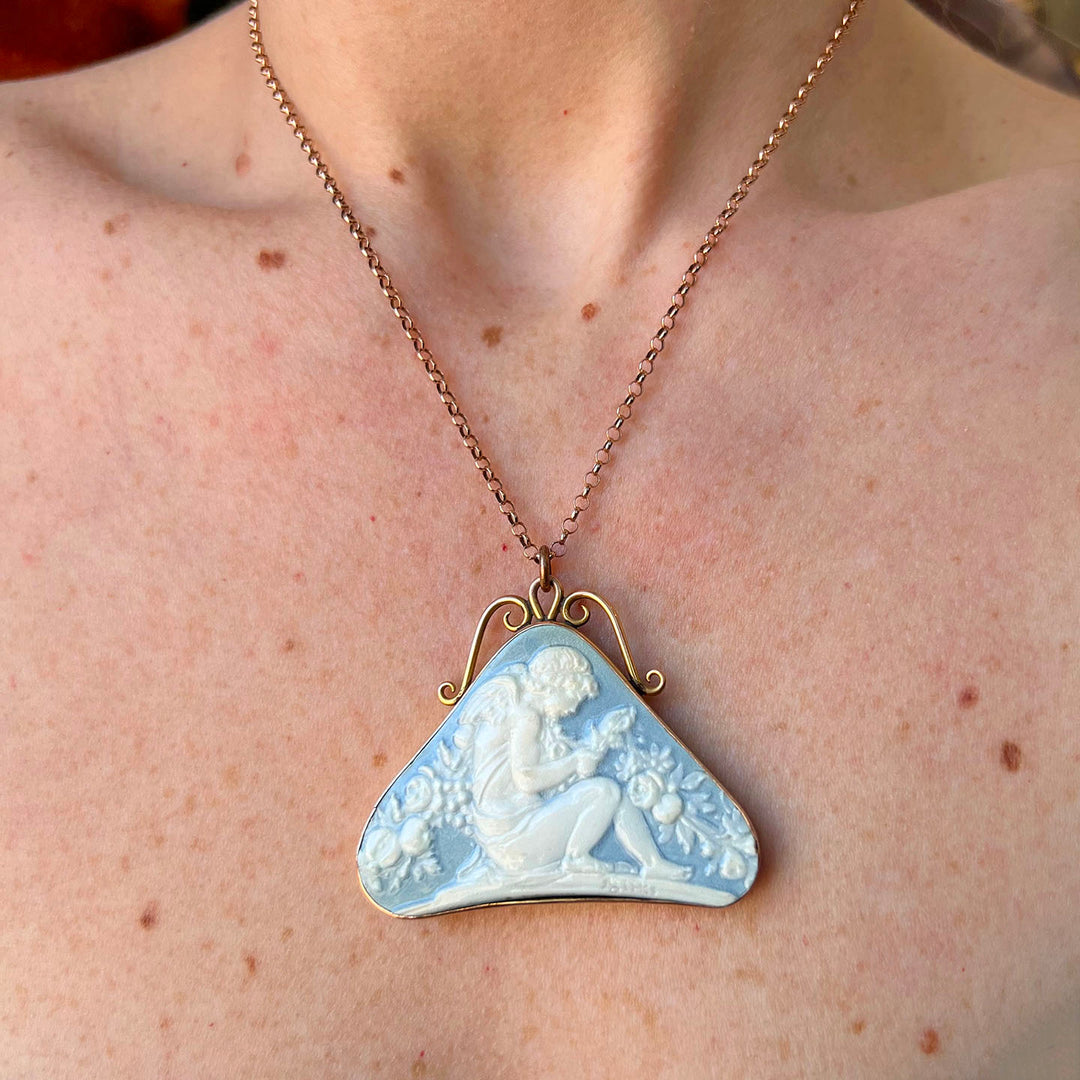 Antique Blue Ceramic Carved Pendant 9 karat Gold