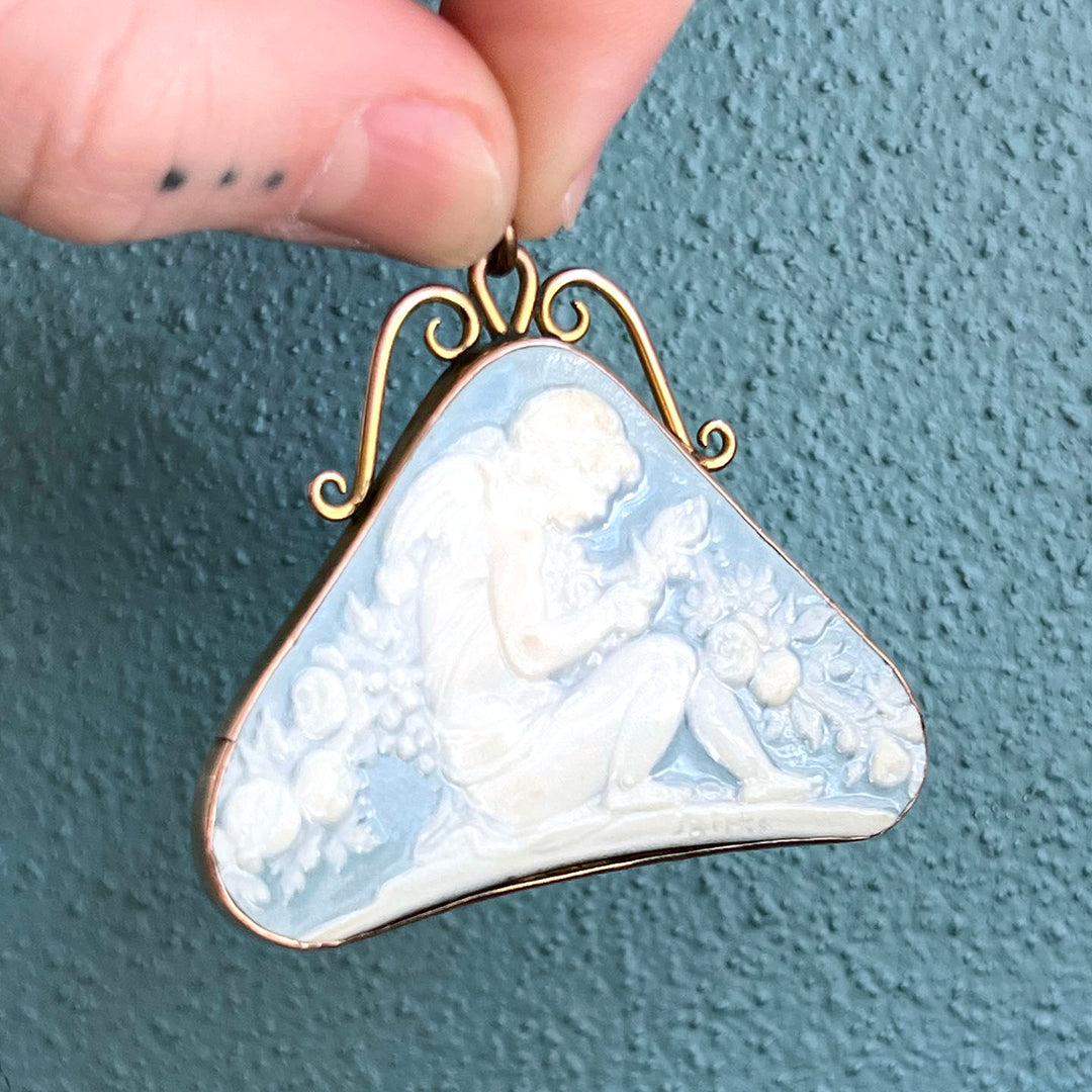 Antique Blue Ceramic Carved Pendant 9 karat Gold