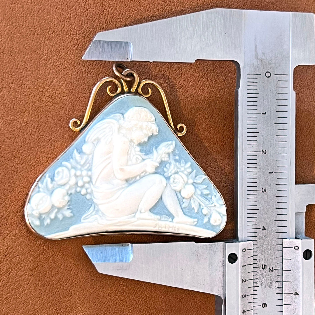 Antique Blue Ceramic Carved Pendant 9 karat Gold