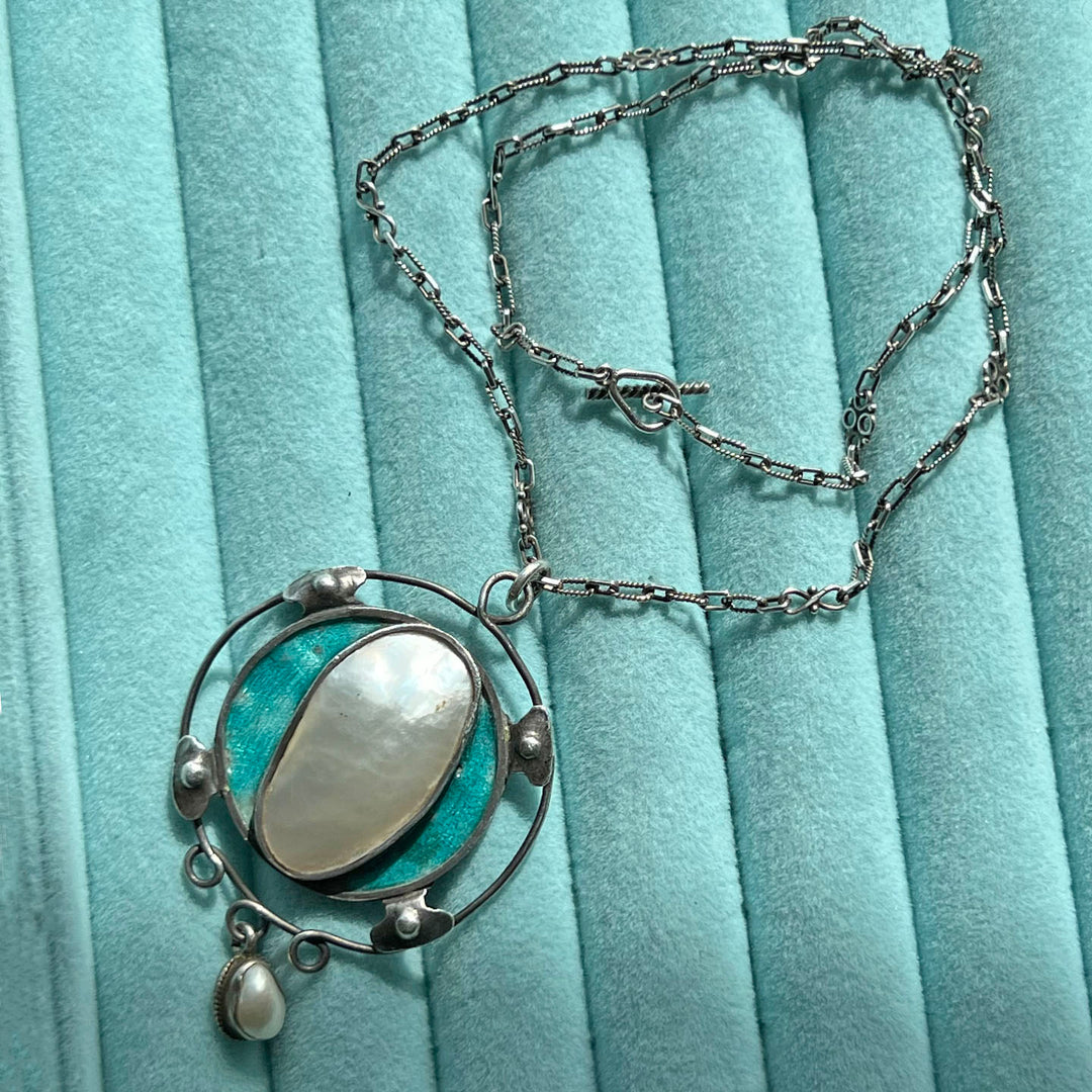 Antique Art Nouveau Silver Enamel Mother of Pearl Necklace