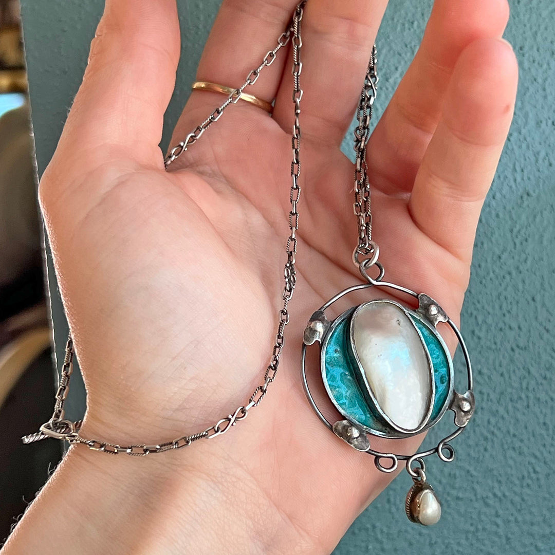 Antique Art Nouveau Silver Enamel Mother of Pearl Necklace