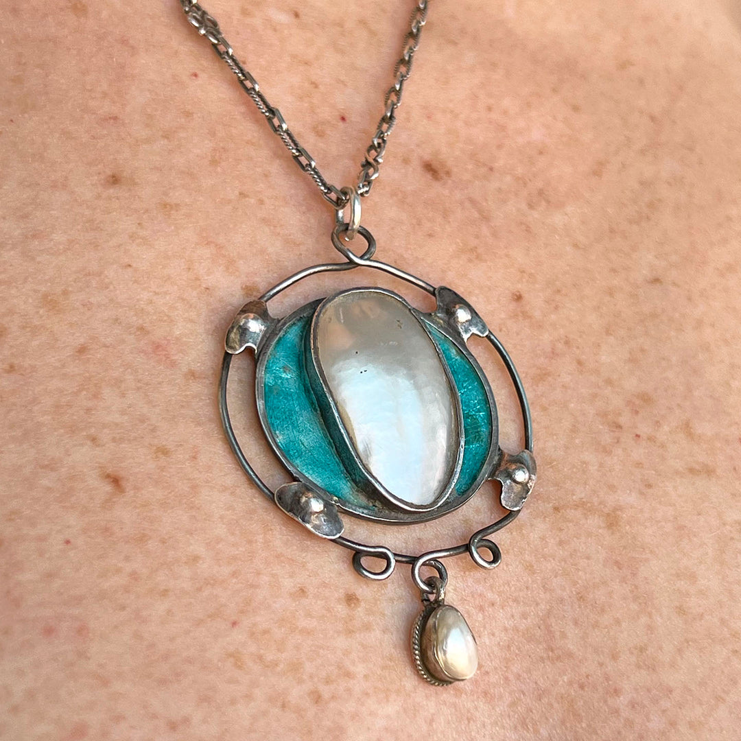 Antique Art Nouveau Silver Enamel Mother of Pearl Necklace