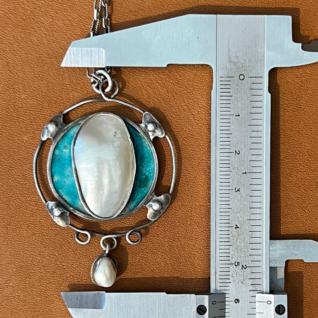 Antique Art Nouveau Silver Enamel Mother of Pearl Necklace