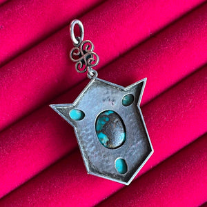 Arts & Crafts Silver Hammered Turquoise Drop Shield Pendant