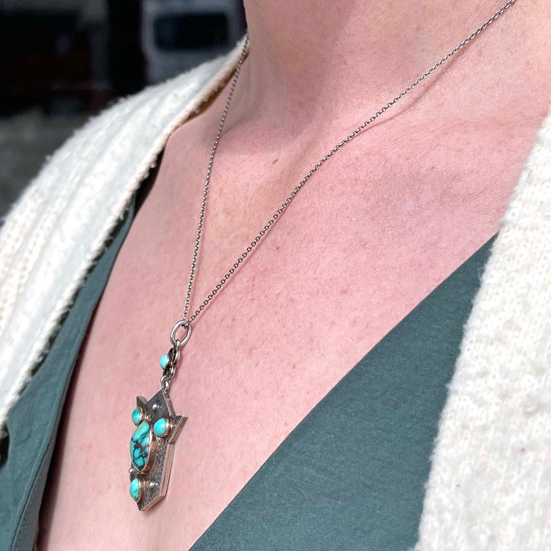 Arts & Crafts Silver Hammered Turquoise Drop Shield Pendant