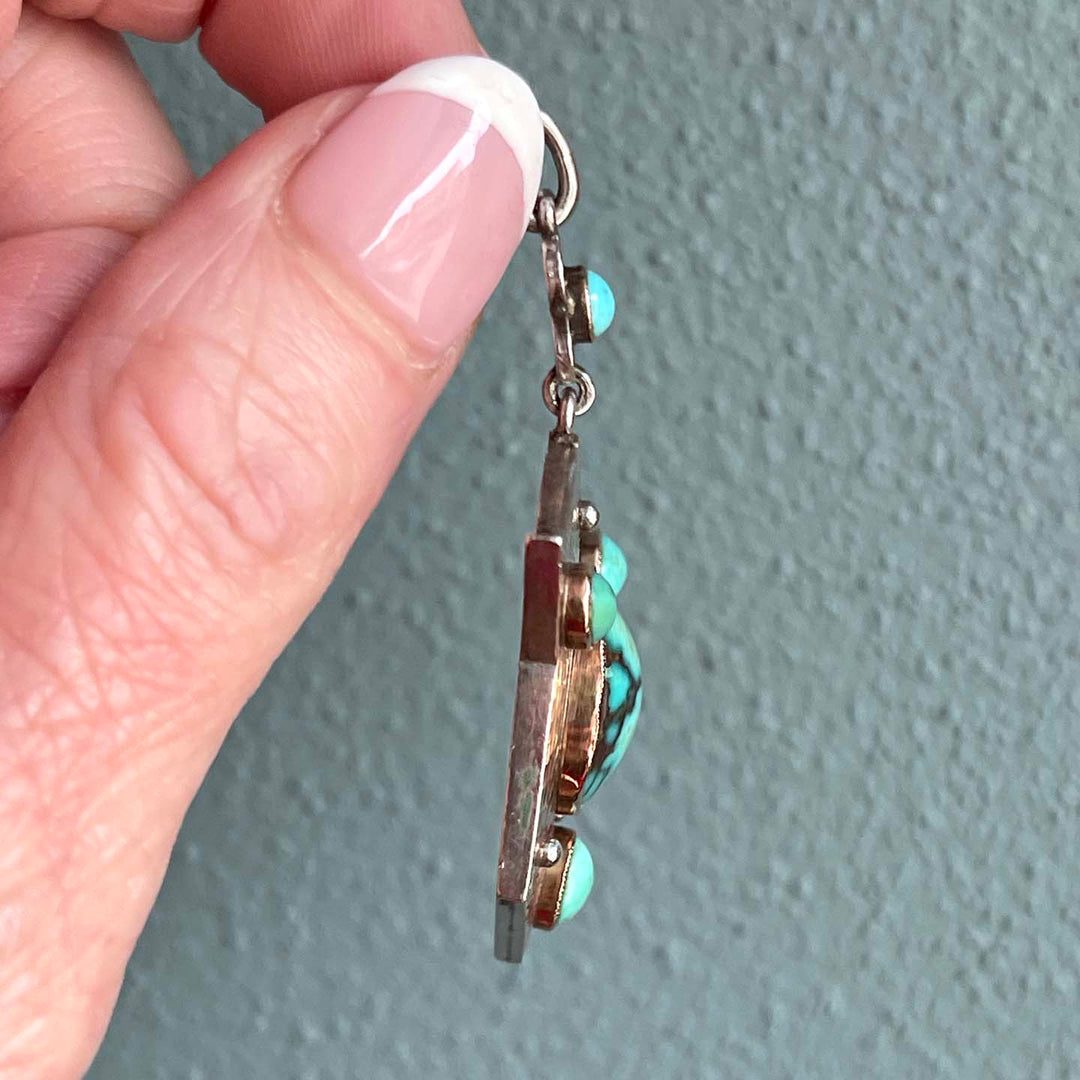 Arts & Crafts Silver Hammered Turquoise Drop Shield Pendant
