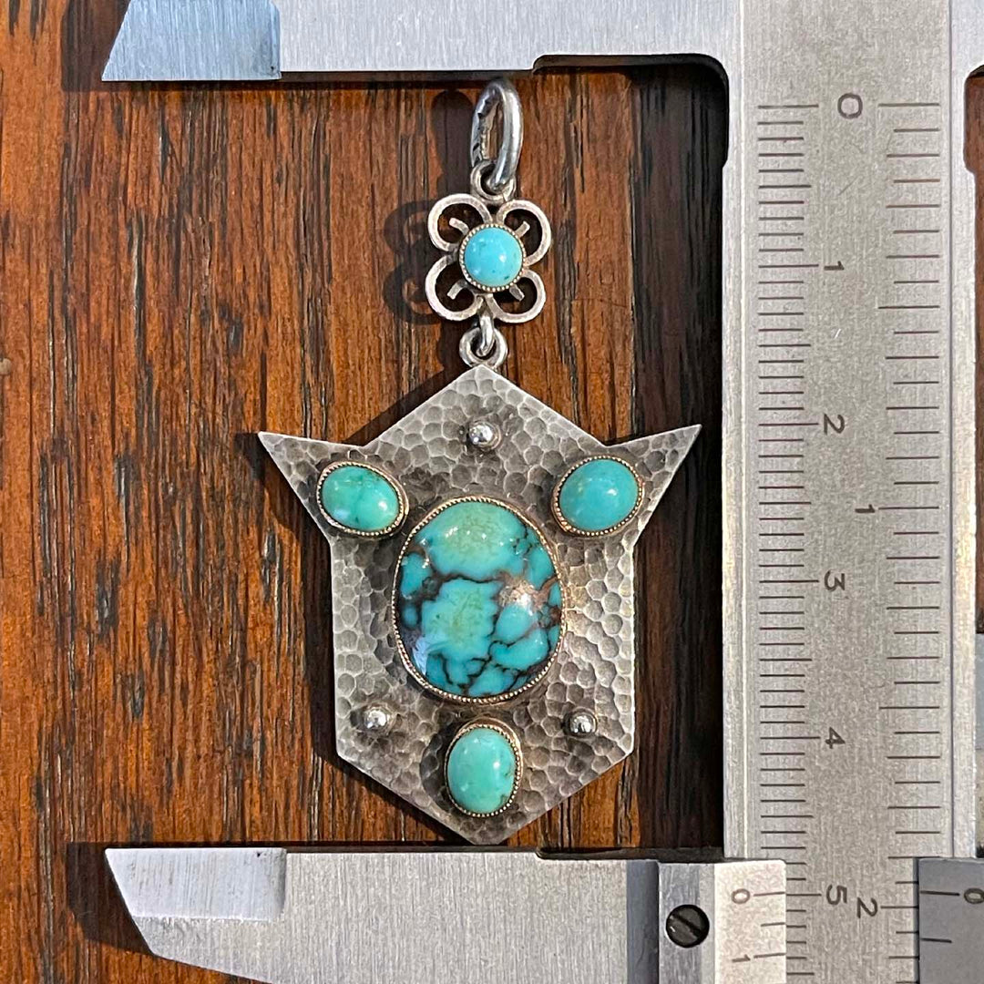 Arts & Crafts Silver Hammered Turquoise Drop Shield Pendant