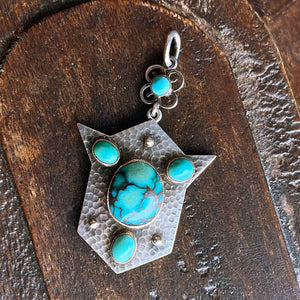 Arts & Crafts Silver Hammered Turquoise Drop Shield Pendant