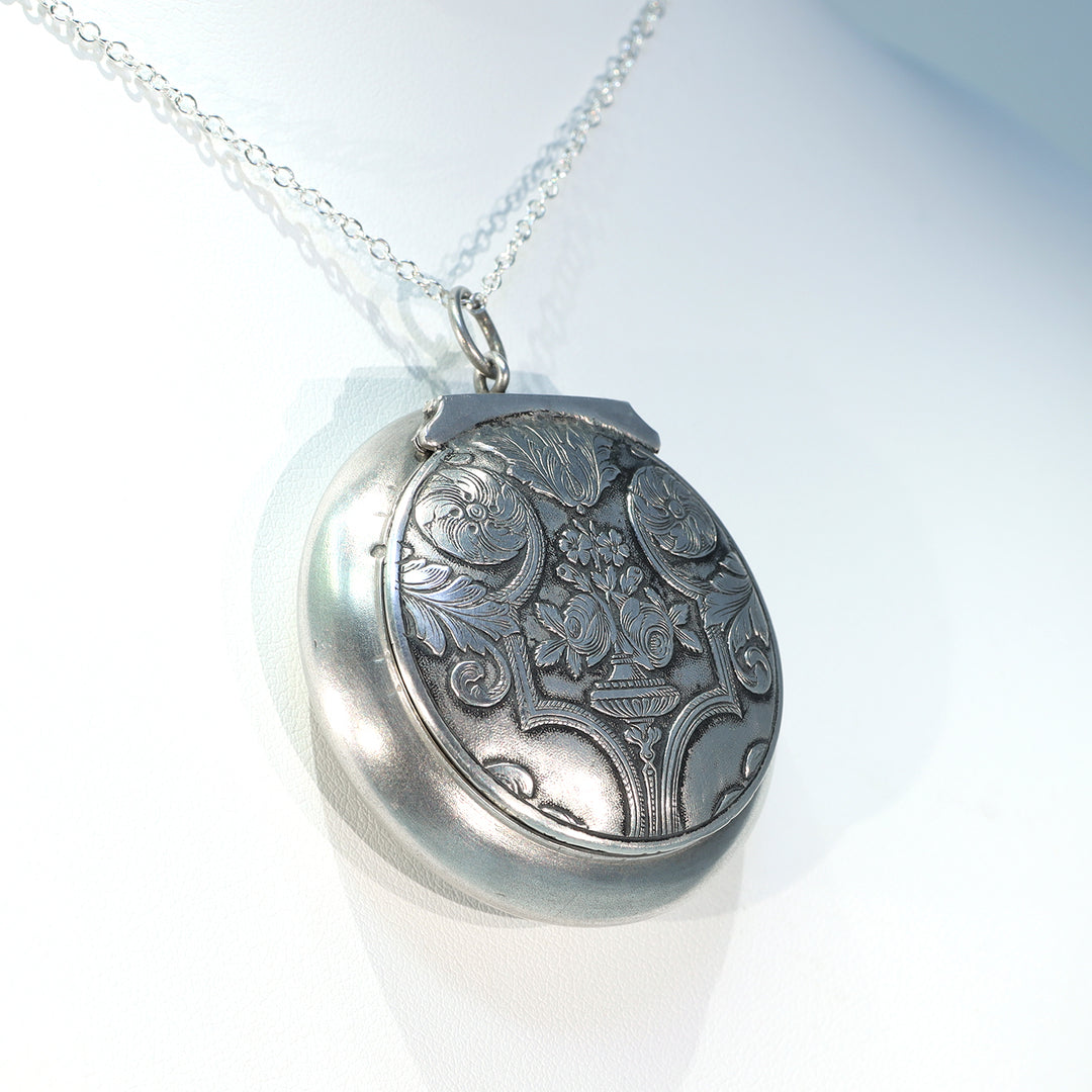 Antique European Silver Locket Pendant Compact or Pill Box