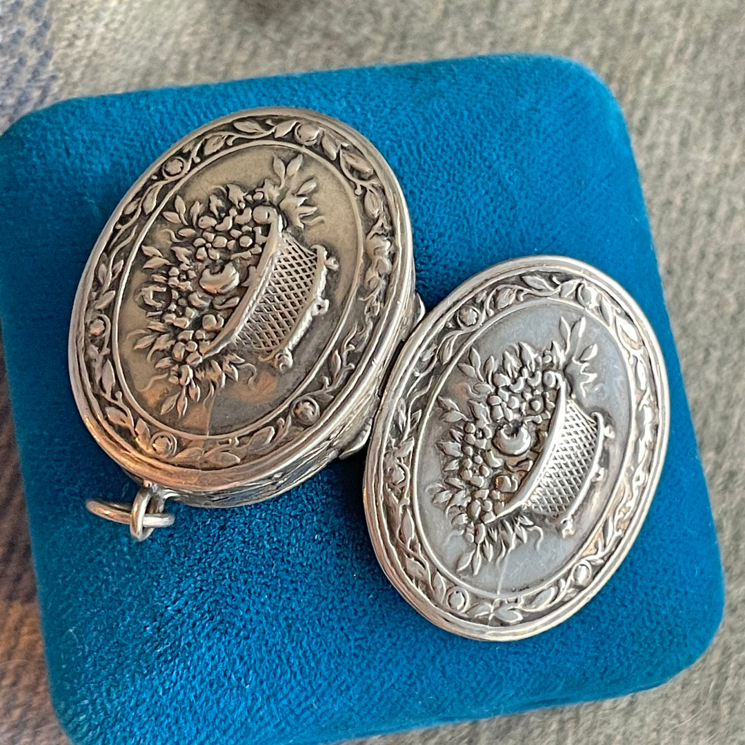 Antique Silver Repoussé Pill Box Pendant with Basket of Flowers, c. 1890