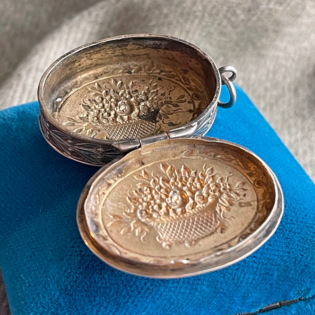 Antique Silver Repoussé Pill Box Pendant with Basket of Flowers, c. 1890